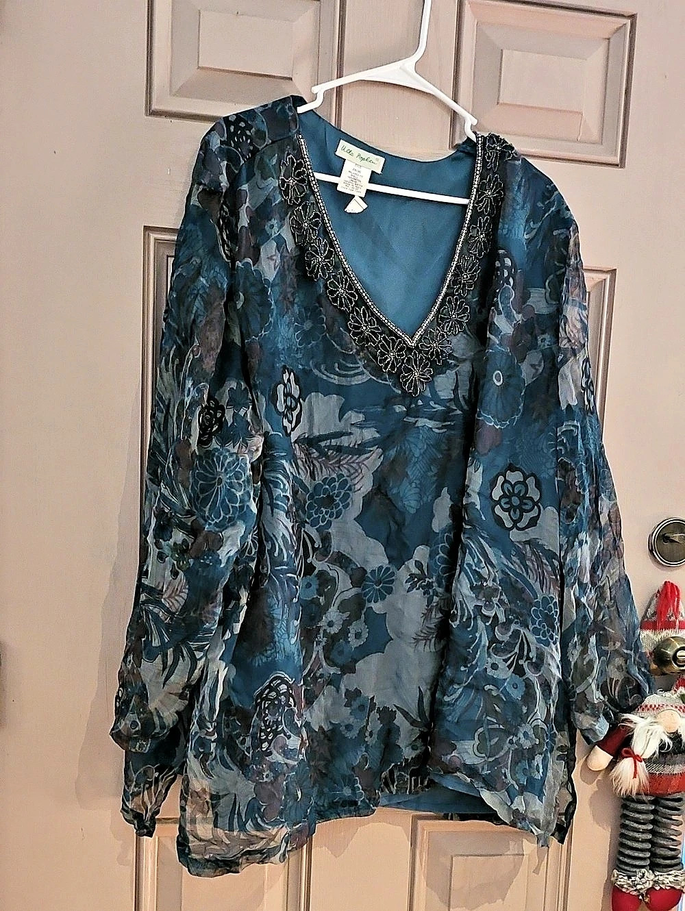 Ulla Popken Floral V-Neck Blouse in Blue & Gray